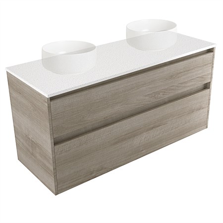 Elementi Sienna 1200mm Double 2 Drawer Wall-Hung Vanity Motion Elestone Flat Top Ashen Walnut Timbe