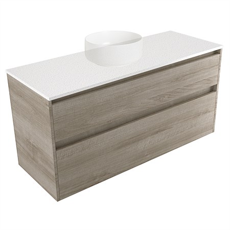 Elementi Sienna 1200mm 2 Drawer Wall-Hung Vanity Motion Elestone Flat Top Ashen Walnut Timberland
