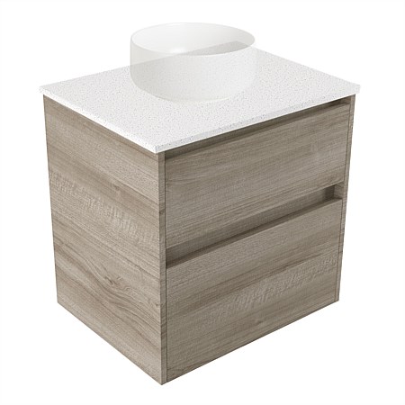 Elementi Sienna 600mm 2 Drawer Wall-Hung Vanity Motion Elestone Flat Top Ashen Walnut Timberland