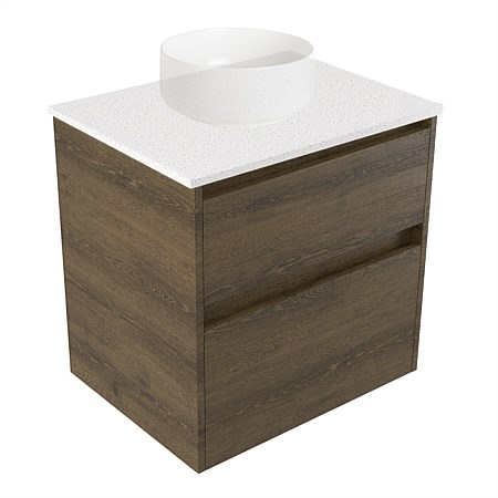Elementi Sienna 600mm 2 Drawer Wall-Hung Vanity Motion Elestone Flat Top Smokey Oak Timberland