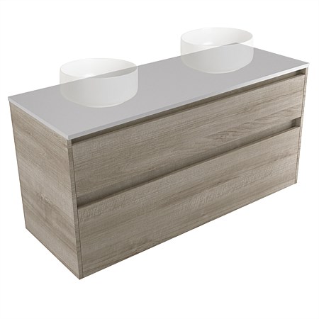 Elementi Sienna 1200mm Double 2 Drawer Wall-Hung Vanity Moonlight Elestone Flat Top Ashen Walnut Tim