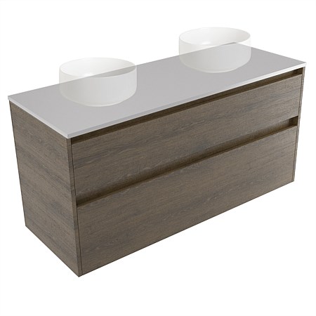 Elementi Sienna 1200mm Double 2 Drawer Wall-Hung Vanity Moonlight Elestone Flat Top Smokey Oak Timbe