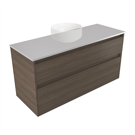 Elementi Sienna 1200mm 2 Drawer Wall-Hung Vanity Moonlight Elestone Flat Top Charred Oak