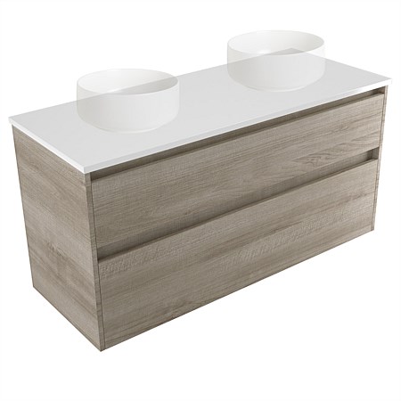 Elementi Sienna 1200mm Double 2 Drawer Wall-Hung Vanity White Elestone Top Ashen Walnut Timberland