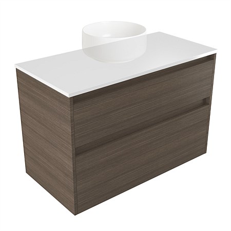 Elementi Sienna 900mm 2 Drawer Wall-Hung Vanity White Elestone Top Charred Oak