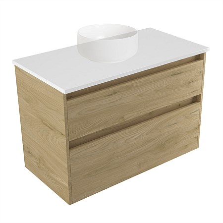 Elementi Sienna 900mm 2 Drawer Wall-Hung Vanity White Elestone Top French Oak Velvet