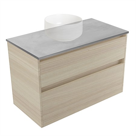 Elementi Sienna 900mm Grey Concrete Top 2 Drawer Wall-Hung Vanity Seasoned Oak