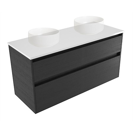 Elementi Sienna 1200mm Double 2 Drawer Wall-Hung Vanity White Elestone Top Black Timberland