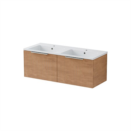 LeVivi Positano Wall-Hung 1200mm Vanity Side By Side Drawers & Solid Surface Double Bowl Devon Oak
