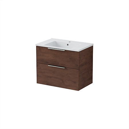 LeVivi Positano Wall Hung 750mm Vanity Solid Surface Double Drawer Walnut